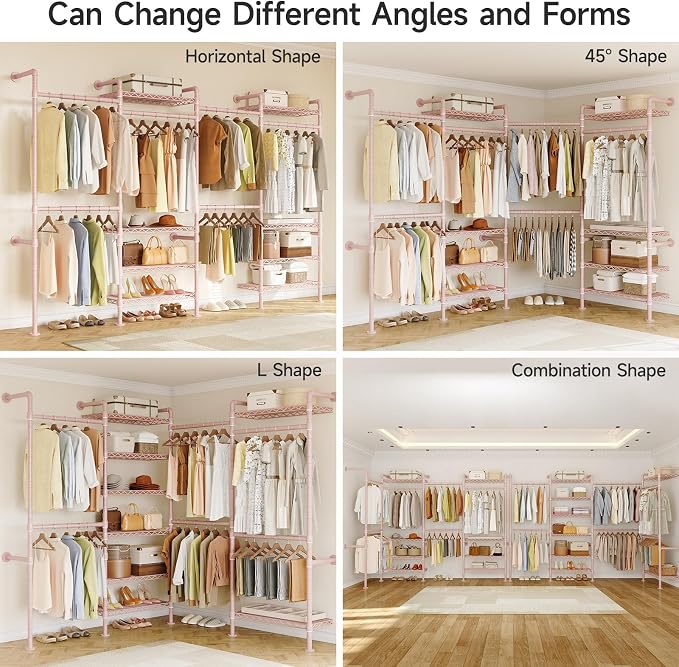 ONBRILL H4 Wall Mounted Closet System, Expandable Industrial Pipe Clothes Rack Clothing Rack for Hanging Clothes, Heavy Duty Closet Organizers and Storage in Wardrobe Closet