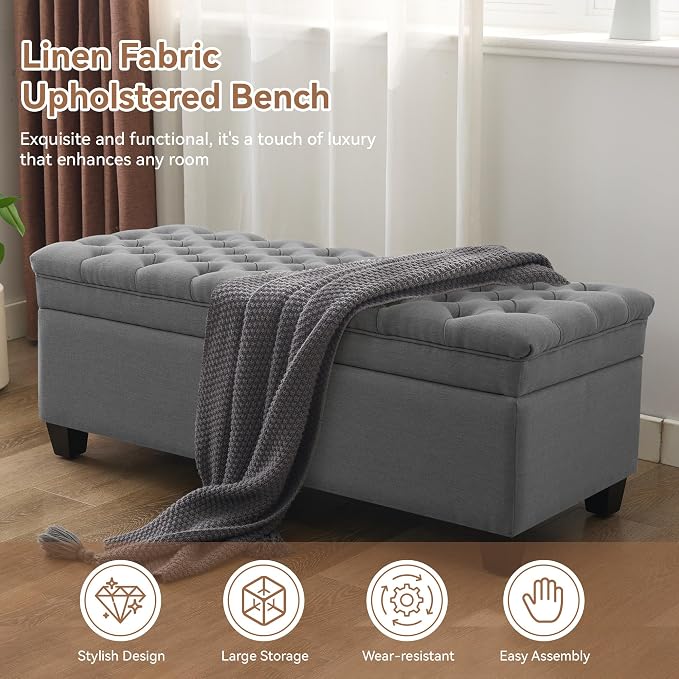 WUTUTUEE 51" Fabric Storage Ottoman Bench, Upholstered Rectangle End of Bed Storage Ottoman Tufted Living Room Bedroom Bench with Safety Hinge, Solid Wood Legs, Loads 500 lb(Dark Grey)