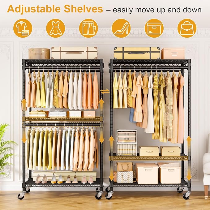 P5 Rolling Clothes Rack, Clothing Racks for Hanging Clothes, Black | Heavy Duty Garment Rack with Wheels, 3-Tier Shelves, Portable Closet Racks 39.4'' W × 20.5'' D × 80.5'' H, Max Load 650 Lbs