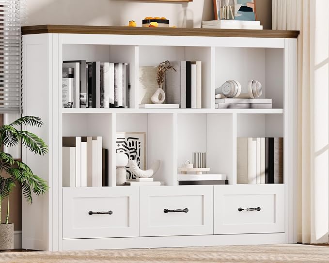 10 Cube Storage Organizer, Wooden Cubby Bookshelf, Cube Shelf Bookcase with 3 Drawers, Farmhouse Short Bookcase, 3 Tiers Floorstanding Open Bookshelf, Display Storage Shelves, White and Walnut