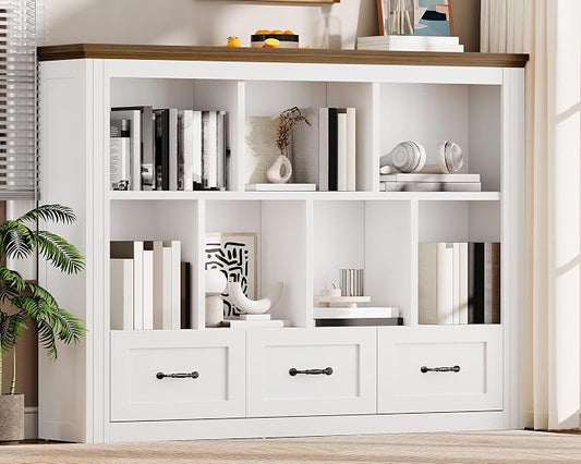 10 Cube Storage Organizer, Wooden Cubby Bookshelf, Cube Shelf Bookcase with 3 Drawers, Farmhouse Short Bookcase, 3 Tiers Floorstanding Open Bookshelf, Display Storage Shelves, White and Walnut