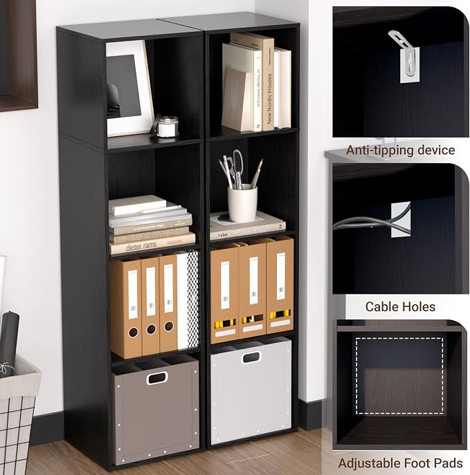 4 Cube Storage Organizer, 4 Tier Cube Low Bookcase Freestanding Storage Display Organizer, Four-Cubes Open Shelf Bookshelf for Home Office (Black, 4-Cube)