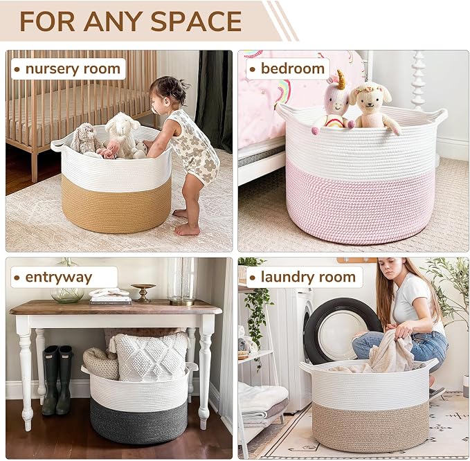 INDRESSME XXXLarge Woven Rope Blanket Basket Living Room Light Brown, 90L | 21.7" x 13.8" Storage baskets for toys laundry & pillows. Fits living room, bedroom or nursery décor. Soft-touch with handles