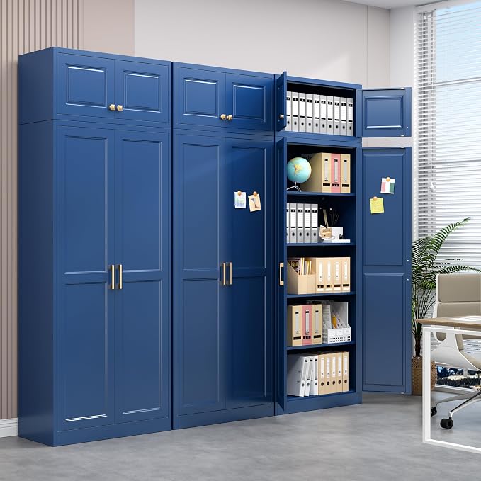 Polup 86" Tall Metal Kitchen Pantry Storage Cabinet with Doors and Shelves | Heavy-Duty Blue Cabinet, 4 Adjustable Shelving, Gold Handles, Magnetic Latch, for Dining Living Room, Bathroom & Garage