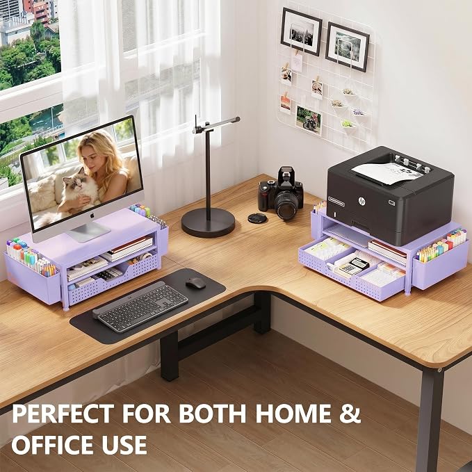 OPNICE Desk Organizers and Accessories, Computer Monitor Stand Riser with Drawer and 2 Pen Holders, Printer & Laptop Stand, Office Desk Accessories & Workspace Organizers for Home Office Supplies, Purple