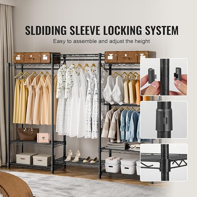 VEVOR Clothing Garment Rack, Heavy Duty Closet Wardrobe, Adjustable Tiers Clothes Racks with Steel Frame, for Bedroom, Clothing Store, Hallway