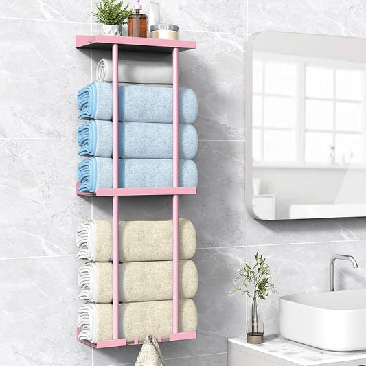 Towel Rack for Bathroom, Wall Mounted Vertical Rolled Towel Storage Organizer Holder with Shelf, Holds Up 6 Large Bath Sheets, Pink Large Size