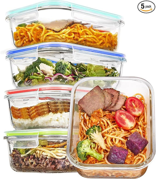 Vtopmart 5 Pack 35oz Glass Food Storage Containers with Lids, Multicolour | Meal Prep Containers, Airtight Reusable Lunch Container Set, Safe for Oven, Microwave, Freezer, and Dishwasher, BPA Free