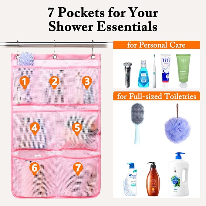 Fammart Mesh Shower Caddy Hanging, Quick-Drying Shower Organizer with 7 Pockets, Portable Bathroom Organizers and Storage for Shampoo, Soap, Loofah, Travel, and Cruise Essentials