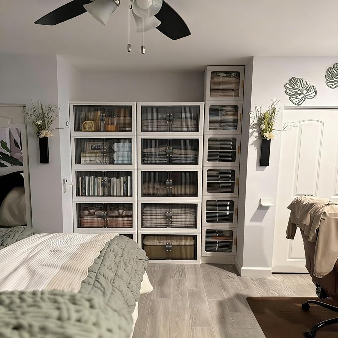 SAILUN 580Qt Stackable Storage Bins,Storage Cabinet Drawer with a Lid,White | Stackable storage drawers with lids, 26" W x 17" D x 71" H, featuring open-front access for clothes and closet storage.