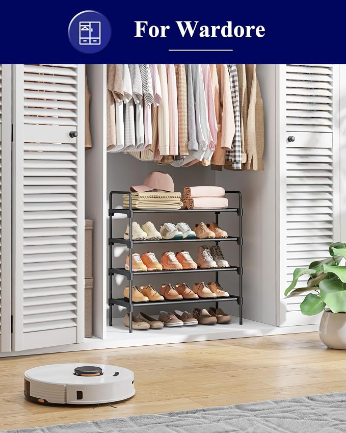 Kitsure Shoe Rack for Closet, 26.6" Wide - 4 Tiers, Black | Shoe Organizer for Front Door Entrance, Stackable Shoe Shelf, Closet Organizers and Storage