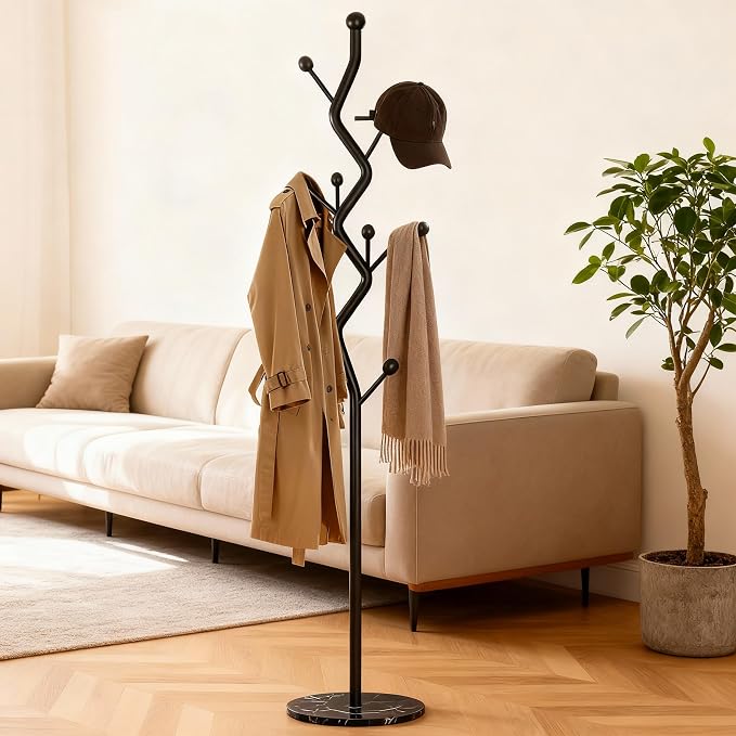 68.9 Inch Tall Modern Coat Rack,Black Freestanding Coat Rack Tree,Heavy-Duty Metal Coat Rack Freestanding with Sturdy Marble Base for Entryway,Hallway,Bedroom,Holds Coats Hats Bags Scarves
