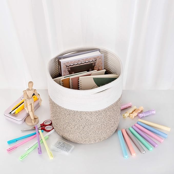 11 x 11 Inches Cotton Rope Basket for Flower Pot and Indoor Floor Planters, Decorative Round Woven Plant Pot Basket, Planter Covers, Small Dog Toy Storage Baskets, Light Brown