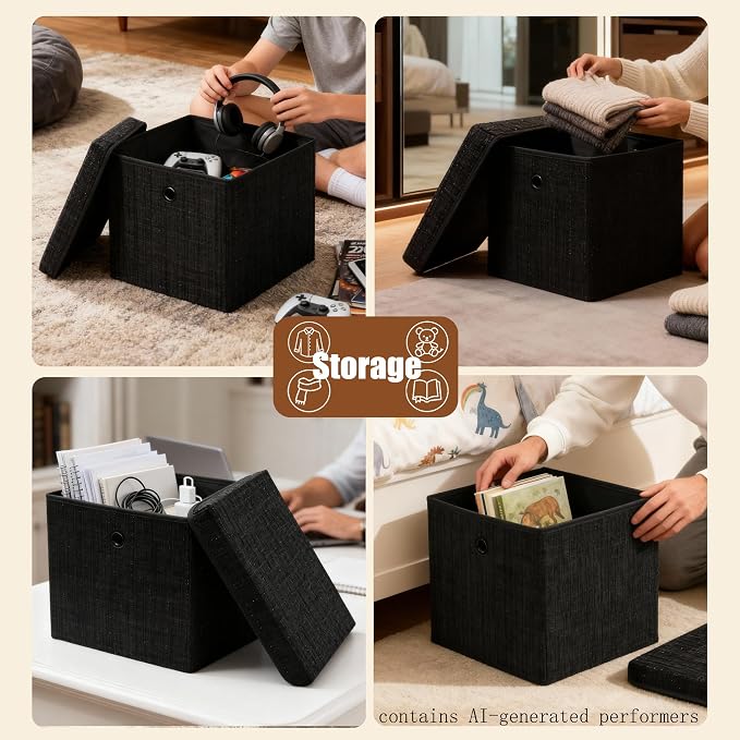 modscape 12x12x12 Collapsible Fabric Cube Storage Bins with Lids | Clothes storage bins for shelves, closet, bedroom. Decorative boxes with lids, treasure box for classroom(Shining Black, 3)