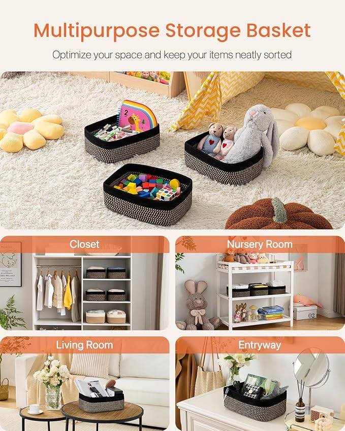 KALLAX Small Woven Storage Basket for Organizing, 12 x 8 x 4.5 inch, 3 Pack | Shelf baskets for closet organization, toy storage and home decor, Perfect as empty gift baskets for holidays, Black & Brown