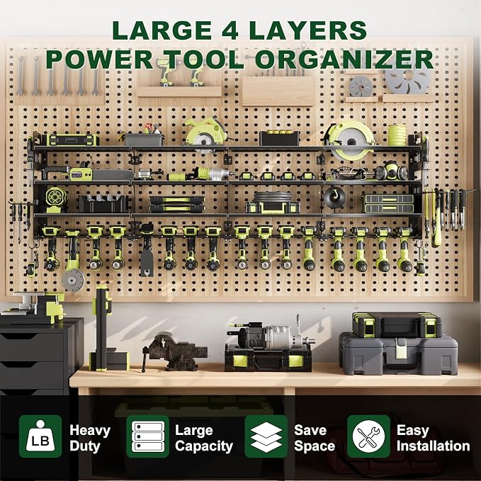 Large Power Tool Organizer Wall Mount, 16 Drill Holders Storage Rack, Black | 4-Tier Heavy-duty Wall Rack Holds 16 Cordless Drills, Saving Valuable Garage and Workshop Space