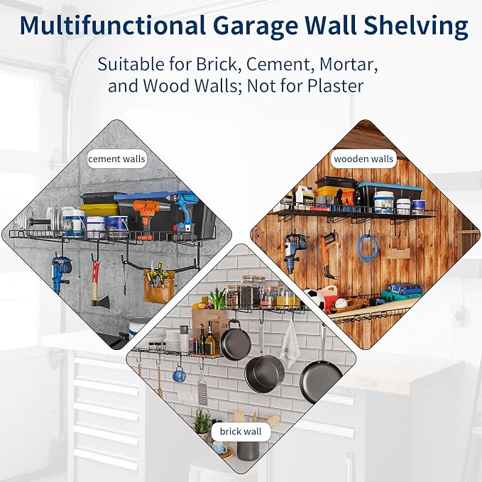 2 Pack Garage Wall Shelf, Wall Mounted Storage Shelves, Heavy Duty Metal Shelves for Room Wall, Loads 80 LBS Floating Shelves Mesh Storage Rack for Garage, Office, Basement,Wall Cabinet and Kitchen
