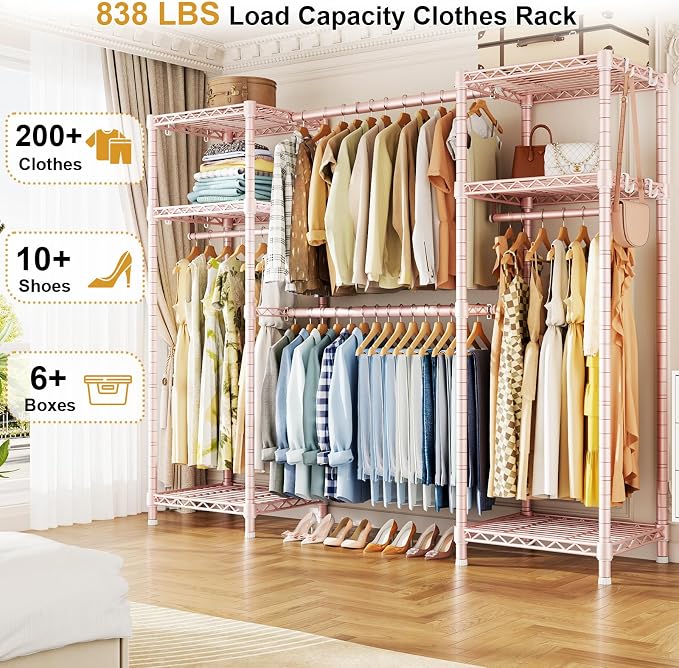 Ulif E7 Garment Rack, Heavy Duty Clothes Storage System with Extendable Hangers Rods, Metal Clothing Rack with 6 Wire Shelves, (52.3"-72") W x 14.5" D x 71.2" H, Load 838lbs, Pink | Metal Clothing Rack with 6 Wire Shelves, Freestanding Portable Closet ...