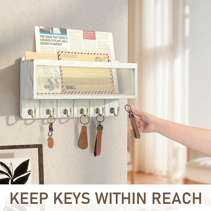 Rebee Vision Key Holder Wall Mount with Mail Basket for Entryway, Whitewash | Pine Wood, Key Holder for Wall, 6 Key Hooks, Mail Organizer, Key Rack & Storage Organizer, Home Essential, Room Decor