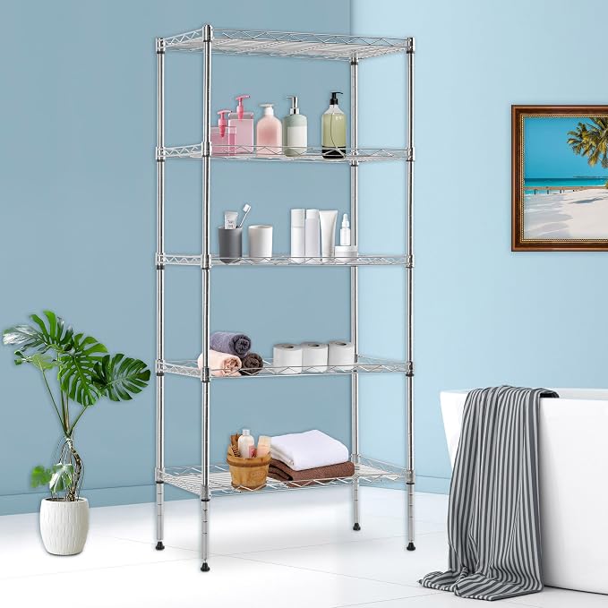 BestOffice | 5-Tier Wire Shelf | 22" x 12" x 48" | Chrome | Storage Shelves with Adjustable Racks, Holds upto 750 lbs | Rust-Resistant, No-Tool Assembly | For Home, Garage