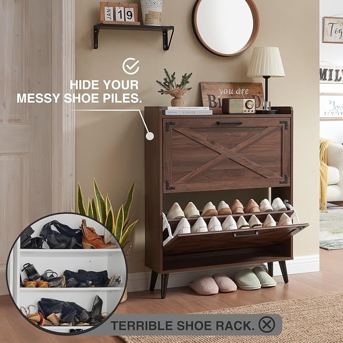Barnyatoh Farmhouse Shoe Storage Cabinet with 2 Flip Drawers & Barn Door | Freestanding Hidden Slim Narrow Shoe Rack, Adjustable Shelves,Wood Shoes Organizer for Entryway, Foyer, Hallway,Walnut