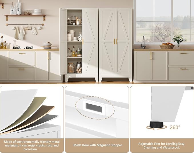 61" H White Storage Cabinet,Metal Pantry Cabinets with Doors,Tall Cabinet,Kitchen Pantry Storage Cabinets