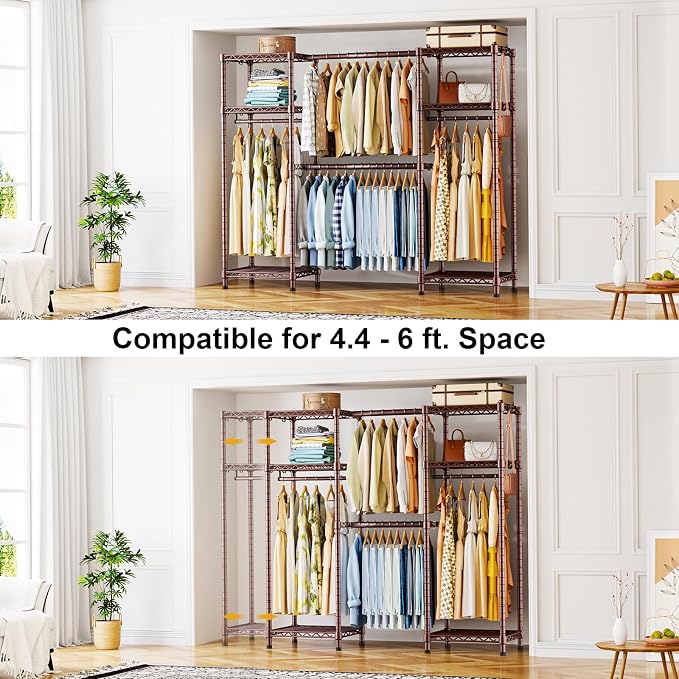 Ulif E7 Heavy Duty Closet Garment Rack, Clothes Storage Organizer System | Metal Freestanding Clothing Racks with 2 Extendable Rods and 6 Shelves, Portable Wardrobe Closets for Holding 838lbs, Bronze