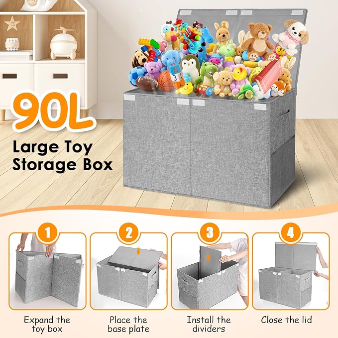 Large Toy Storage Box with Lid Upgraded Toy Chest Organizer with Removable PP Divider Foldable Toy Bin for Kids Boys Girls Linen Fabric Toy Box for Playroom Nursery Bedroom (25"x13"x16")