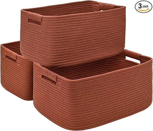 3 Pack Large Storage Basket for Organizing, 17.5"x13"x7" Woven Basket for Shelves, Closet Cube Storage Bins with Wrapped Handle, Cotton Rope Baskets for Kitchen, Clothes, Toys(Oxide Red)