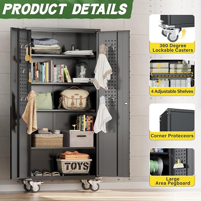 Greenvelly Metal Storage Cabinet with Wheels, 72" Black Garage Rolling Cabinet with Doors and 4 Shelves, Steel Locking Cabinets Tall Tool Lockable Storage Cabinets for Basement, Pantry, Home Office