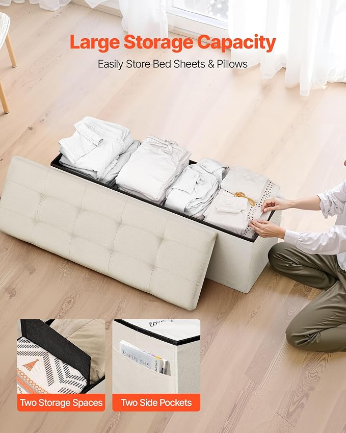 VEVOR Foldable Storage Ottoman Bench, End of Bed Bench with Side Bags, Folding Upholstered Storage Chest Supports 660 lbs, Linen Bed Ottoman with Large Space for Living Room, Bedroom, Entryway, Beige