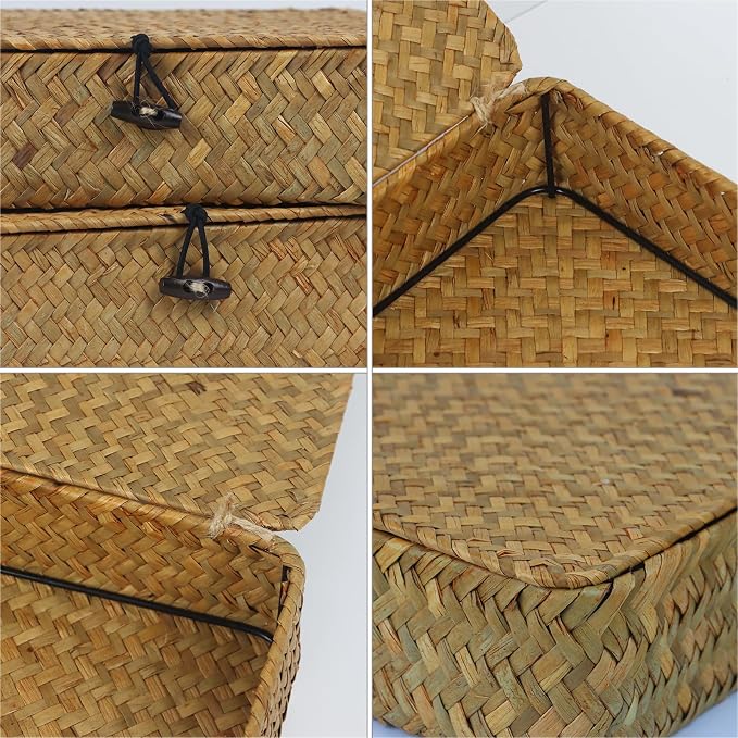 Flat Seagrass Wicker Baskets with Lids, Set of 2 | Small and Large Storage Boxes, Shelf Organizer Bins, Woven Home Storage, Stackable Flat Design, Natural Decor