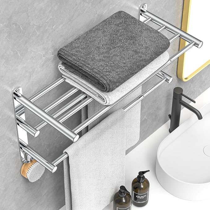 CAXIMSY Adjustable Towel Bar for Bathroom Wall Mount17-30.7inch Adhesive Shower Towel Rack Stainless Steel Bath Towel Holders for Toilet Kitchen Double Towel Hanger (3-Layer Towel Rack)