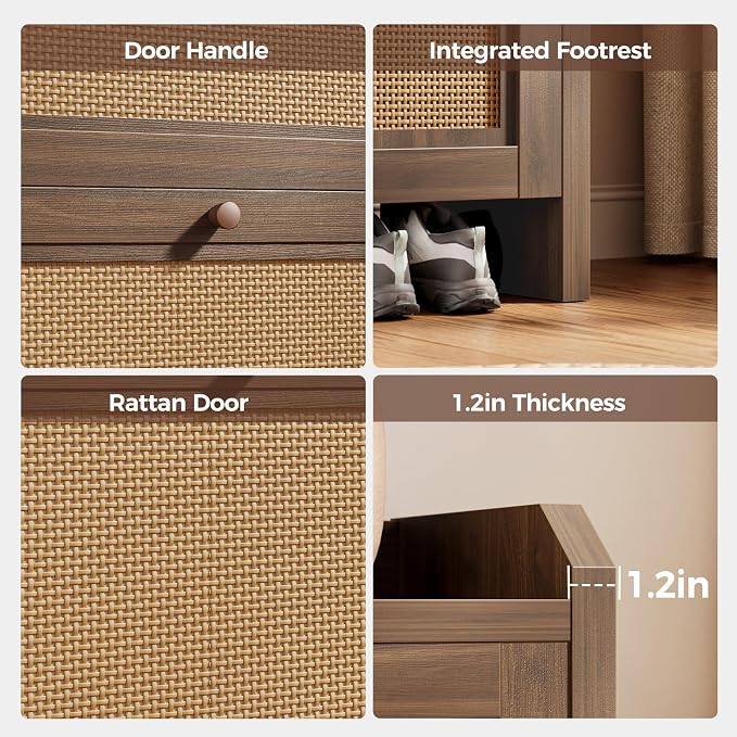 Shoe Cabinet Storage for Entryway with 2 Flip Drawers(3-Tier), Rattan Freestanding with Door & 3 Adjustable Shelve,Hidden Shoe Rack Organizer for Hallway, Foyer