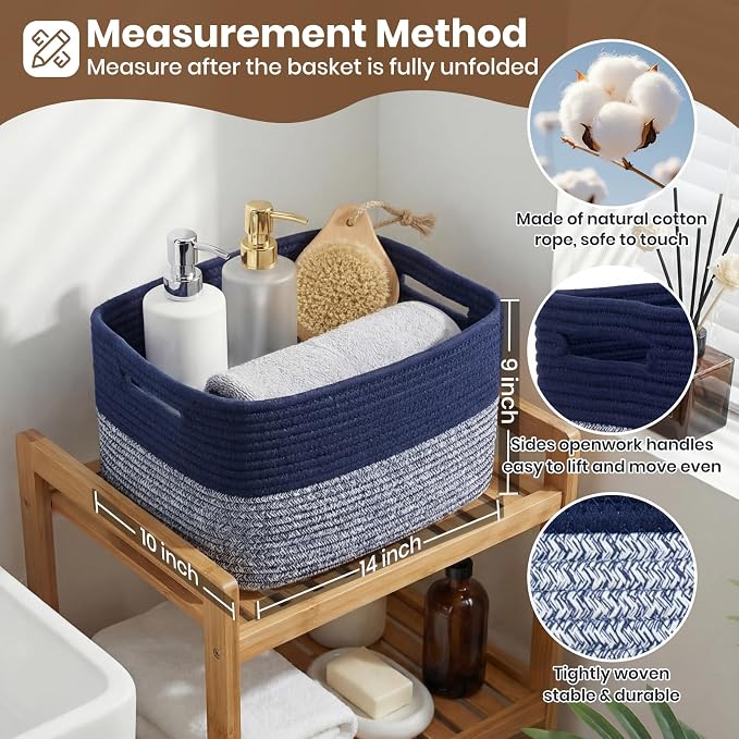 Storage Baskets for Organizing, 14 x 10 x 9” Closet Shelf Woven Baskets, Square Bins with Handles, Cotton Rope Basket for Clothes, Office, Room, Grey+Blue 1 Pack