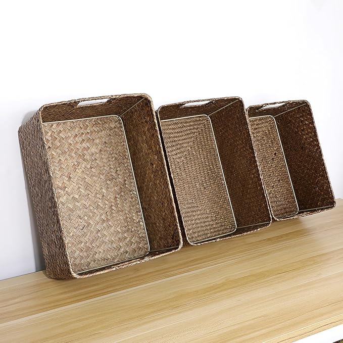 Hipiwe Wicker Storage Baskets Bin for Shelf Rectangular Seagrass Basket | Handwoven Opened Baskets Bin with Handle, Decorative Basket Box for Closet Bedroom Organizer