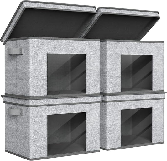 Univivi Fabric Storage Bins with Lids for Closet, 4 Pack, Grey | Fabric Foldable Storage Boxes, Sturdy Collapsible Storage Bins with Clear Window, Storage Bins for Home, Closet, Shelves