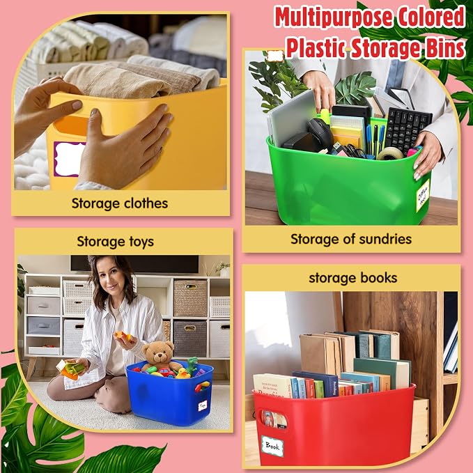 Thyle 18 Pack Colorful Plastic Storage Bins with Lids 7 Quart Vibrant Colored Toy Storage Box Stackable Nestable Organizer Box with Handle and Label for Classroom Shelf Bedroom Desktop School Supplies