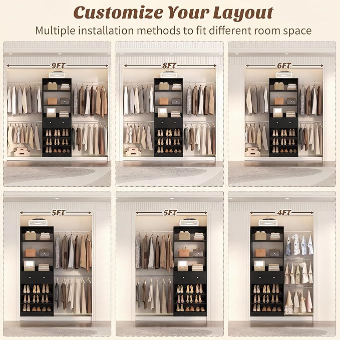 Wood Closet Organizer System - 4FT-9FT Expandable Wardrobe Closet with Drawer & 4 Hanging Rods, Heavy Duty Walk-in Closet 1000Lbs for Bedroom Walk-in Closet, Black