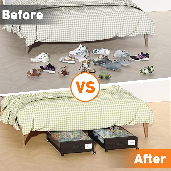 Under Bed Storage with Wheels, 2 Pack Under Bed Storage Containers with Clear Lids, XXL 65L Under Bed Storage Organizer, Rolling Under Bed Metal Drawer for Blanket, Clothes, Shoes (31 x 17 x 6.69 in)
