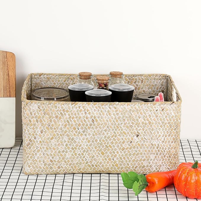 Hipiwe Wicker Shelf Baskets Seagrass Storage Opened Baskets Bin with Handle | Rectangular Closet Bedroom Basket Organizer Box, Multipurpose Woven Basket Home Organizer, Whitewash 14.6"x 10.6" x 7.1"