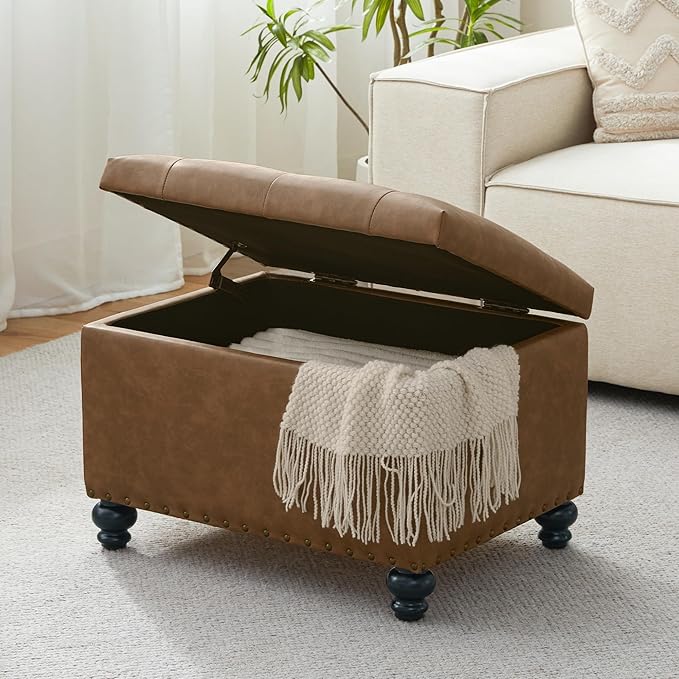 Zihanhome Leather Ottoman with Storage, Upholstered Button Tufted Ottoman Foot Rest, Foot Stools, 24" Rectangle Ottomans with Storage for Living Room, Bedroom, Dorms and Apartments (Caramel Brown-PU)