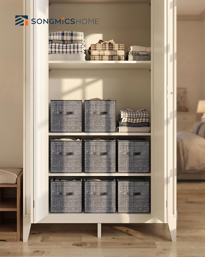 SONGMICS HOME Foldable Storage Cubes Set of 8, Fabric Shelf Organizer Bins with Handles, Closet Storage Boxes for Clothes, 10.4 x 10.4 x 11.2 Inches, Gray