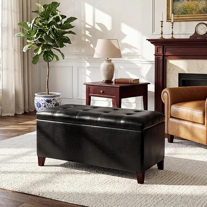 Joveco Storage Ottoman Bench, 33 Inches Faux Leather Rectangle Tufted Foot Stool for End Foot of Bed, Bedroom, Living Room, Black