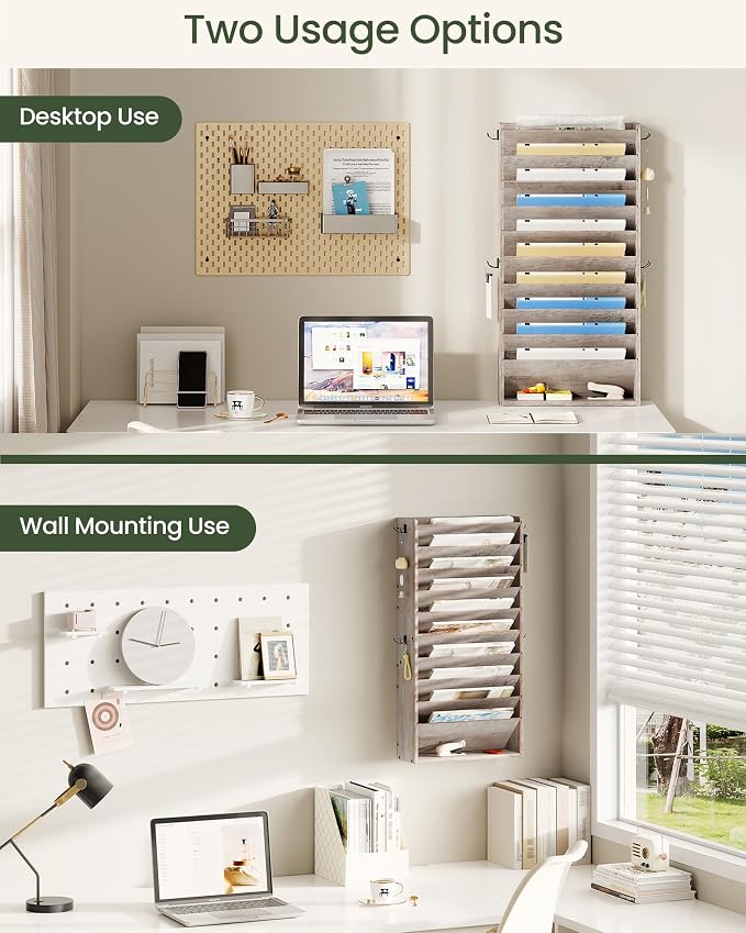 CHOEZON Wall File Organizer, 10-Tier Hanging Mail Organizer, Wall Mount File Holder with 4 Side Hooks, Industrial Mail and Storage Organizer, Wooden Vertical Hanging Holder for Office, Greige MWJ03FH