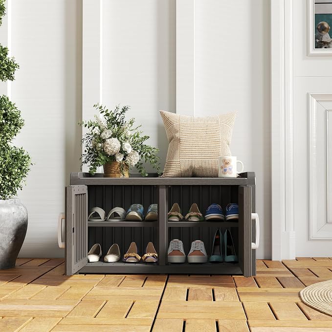 Shoe Storage Cabinet Waterproof UV-Resistant, Entryway Storage Bench Indoor Outdoor with 2 Barn Doors, Adjustable Shelves for Entryway, Bedroom, Hallway,Living Room(Grey)