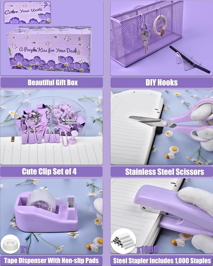 LXEVIHK 21Pcs Purple Desk Organizers and Accessories With Mesh Desk Organizer and 360°Rotating Pen Holder and a Lot of Office Purple Office Supplies Beautifully Presented in a Gift Box
