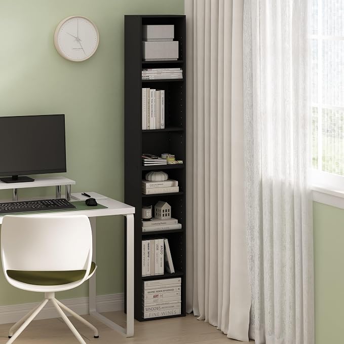 Furinno PASIR Book Shelf, 8-Tier Bookshelf, Bookcase with Open Shelf, 9.3 x 11.8 x 70.9, for Living Room, Bedroom, Home Office, Blackwood