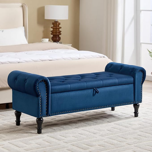 Storage Bench for Bedroom, 51" Upholstered End of Bed Bench, Velvet Queen Size Benches with Rolled Arms, Tufted Button Storage Long Ottoman, Living Room, Entryway, Blue