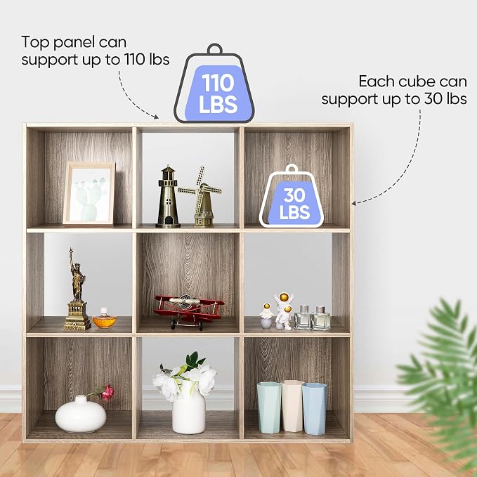 ZenStyle 9 Cube Storage Shelf Organizer, Wooden Bookshelf System Display Cube Shelves Compartments, Customizable W/ 5 Removable Back Panels (Natural)